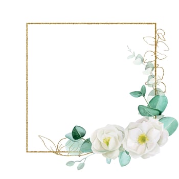 vintage gold square frame with watercolor flowers and eucalyptus leaves. place for text, vignette for weddings, cards, invitations. golden elements and white flowers of wild rose, peony on isolated vector