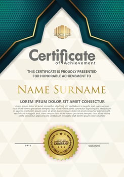 Luxury vertical modern certificate template with green and gold flow lines effect ornament on texture pattern background, vector