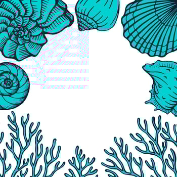 Seashells and coral frame. Sea and ocean design template. Vector card templates. Vector illustration in sketch style.