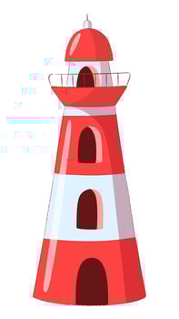 Cartoon lighthouse with red line. Flat vector illustration isolated on white background.