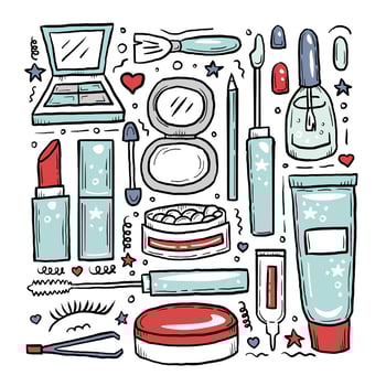 Cosmetic elements doodle set in trendy cartoon style vector