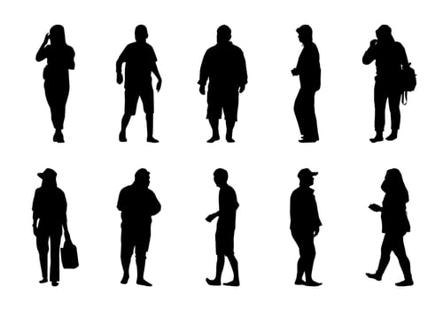 People Walking Silhouettes, Icon man and women travel on white background vector