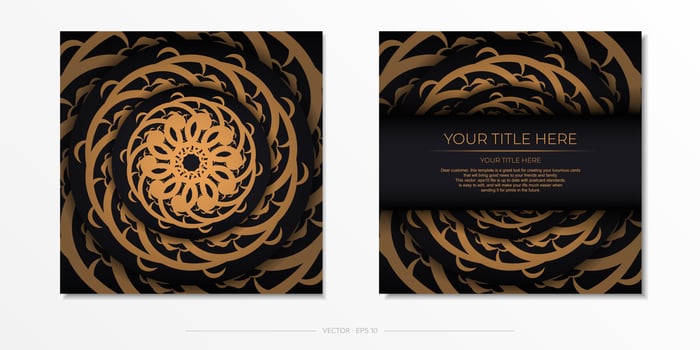 Luxurious black square postcard template with vintage indian mandala ornament. Elegant and classic vector elements ready for print and typography.
