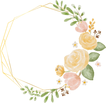 loose watercolor colorful roses and  wild flowers bouquet wreath with hexagon gold frame png