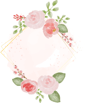 watercolor pink wild rose with golden frame wreath on pink splash background png