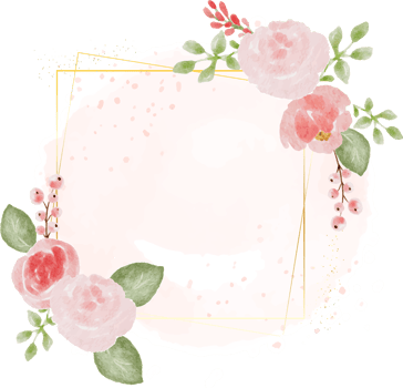 watercolor pink wild rose with golden frame wreath on pink splash background png