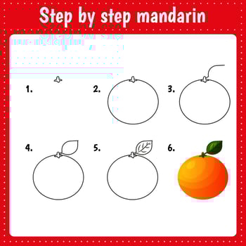Educational worksheet for kids. Step by step drawing illustration. Mandarin. Fruit. Activity page for preschool education. vector