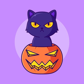 cute halloween pumpkin and angry black cat cartoon icon illustration vector