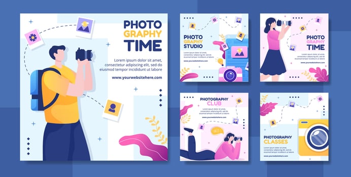 Photography Social Media Post Template Flat Cartoon Background Vector Illustration