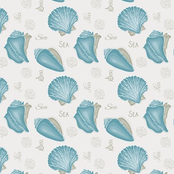 Pattern Seashell hand drawn doodle drawing, text Sea, blue color. vector