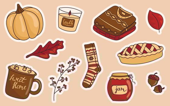 Vector illustration of a set of doodle icons stickers on the autumn theme. Warm colors, cartoon cozy fall style.