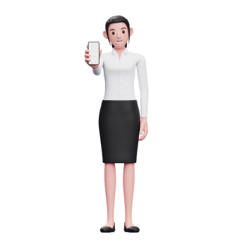 sweet girl showing phone screen, 3d illustration of business woman holding phone png
