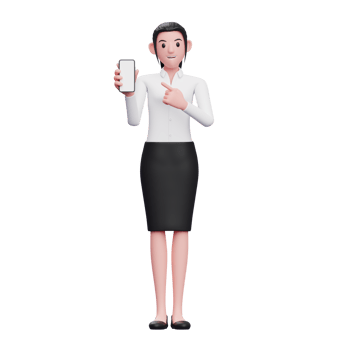 businesswoman pointing to phone screen, 3d illustration of business woman holding phone png