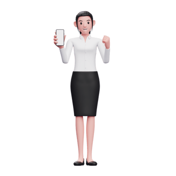 Business woman wearing black skirt and white shirt doing winning gesture with showing phone screen, 3d illustration of business woman holding phone png