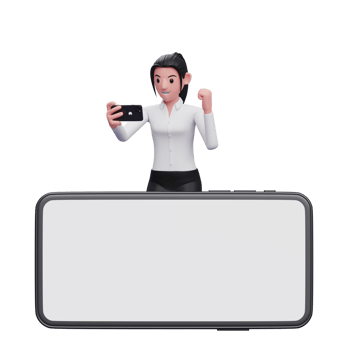 cute girl standing behind a large landscape cellphone while celebrating png