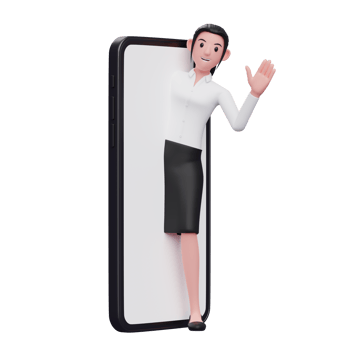 smart girl appears from the phone screen and says hi, 3d illustration of business woman holding phone png