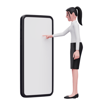 businesswoman touching phone screen with index finger, 3d render character illustration png