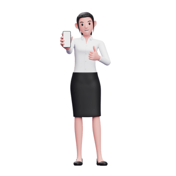 smart woman give thumbs up and showing smartphone screen, 3d illustration of business woman holding phone png