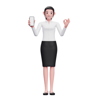 Business woman wearing black skirt and white shirt top holding phone and showing ok finger, 3d illustration of business woman holding phone png