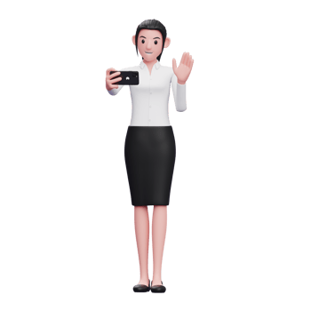 beautiful woman make video calls wearing black skirt and white shirt top, 3d illustration of business woman holding phone png