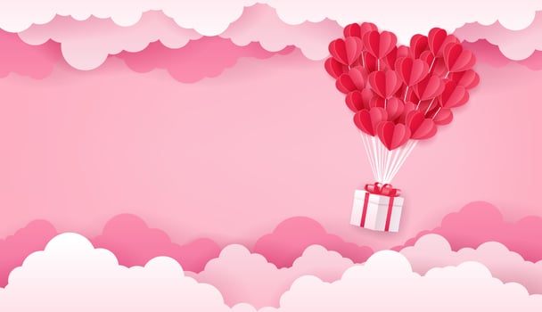Valentine's day concept, Paper art of red heart shaped balloon and white gift box flying on the pink sky with cloud vector