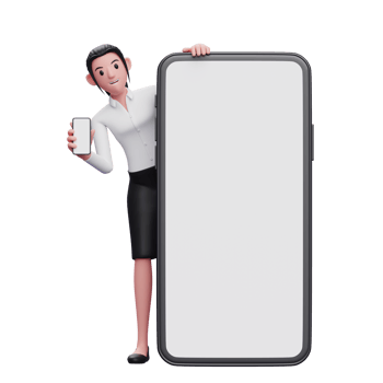 businesswoman appears from behind a big phone and holding a phone showing the screen, 3d illustration of business woman holding phone png