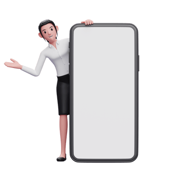 smart girl appears from behind a big phone decoration, 3d illustration of business woman holding phone png