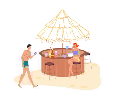 Flat cartoon character surfing internet on travel vacation, vector illustration concept