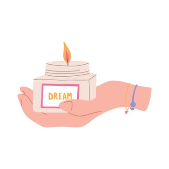 Woman holds jar candle in hand, trendy flat vector illustration isolated on white background. Burning candle in hand with colorful bracelets. Candle with hand drawn text dream on label.