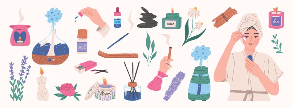 Self care and aromatherapy elements set, flat vector illustration isolated on white background. Woman character applying beauty product. Candle, palo santo, air humidifier, essential oil. Spa concept.