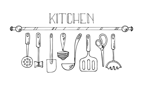 Set of kitchen tools doodles. Hand drawn kitchen equipments. vector