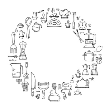 Vector background of kitchen tools. Hand drawn doodle cooking equipments. illustration for restaurant menu, recipe book, and wallpaper.