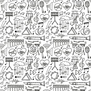 Abstract background music, with tape recorder, silhouette in circle shape. Vector doodle seanless pattern musical instruments. hand drawn illustration