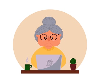 Happy grandma with laptop, elderly woman using computer for internet communication. Old woman and notebook. vector