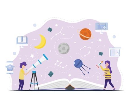 Kid using telescope for astronomical research vector