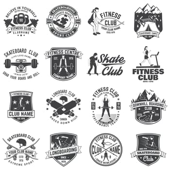 Set of fitness and skate board club concept with girls doing exercise and skateboarder silhouette. Vector