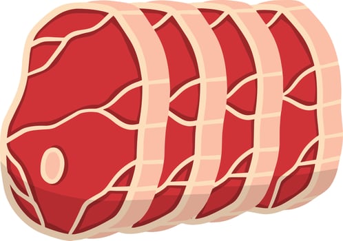 Piece of raw meat. Brown fried surface. Cartoon flat illustration. Cut off half beef piece. Element of kitchen, grill, BBQ, steak and delicious meal. Set of Fresh red food with streaks and fat vector