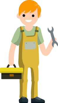 Cartoon illustration - technician man in uniform. young boy worker. Male mechanic with tool box. repair specialist guy with equipment vector
