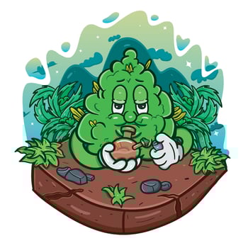 Cartoon Mascot Of Weed Bud With Smoking Glass Bong in Cannabis Forest. vector