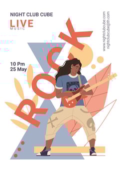 Vector cartoon flat character on live rock music fest plays guitar- web ad banner stories,night club party flyer,musical festival,open air poster social media post concept on abstract background