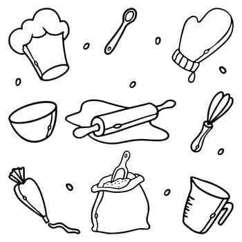 Cooking utensils and kitchen tools. Bakery tools and kitchenware Outline Hand drawn doodles Vector illustration Set. Baking supplies for design menu.