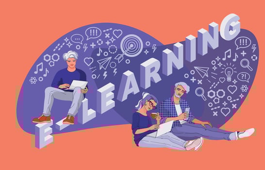 Student study on their devices. Distance studying. Vector flat illustration.