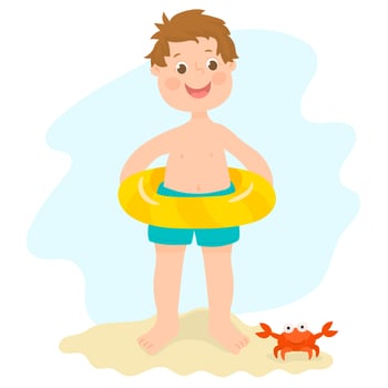 Little boy with inflatable ring, summer beach party vector