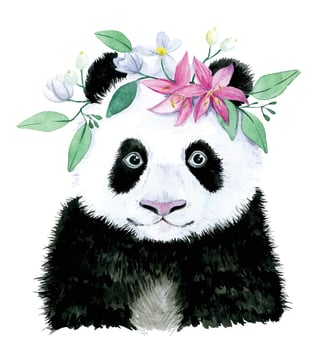 watercolor drawing. cute little panda with a wreath of flowers and leaves portrait. cartoon drawing for children. clipart isolated on white background vector