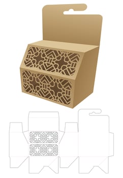 Hanging chamfered box with stenciled pattern windows die cut template and 3D mockup vector