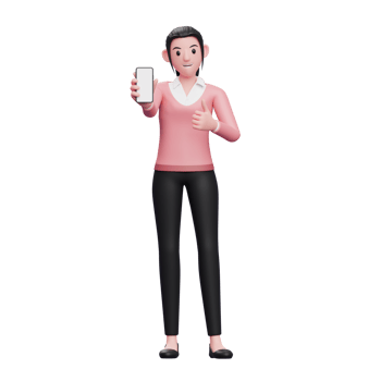 girl in sweater give thumbs up and showing phone screen, 3d render character illustration png