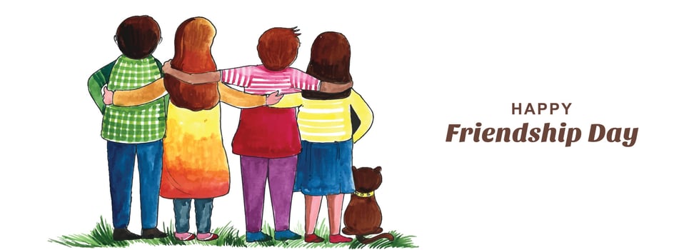 Happy friendship day greeting card with four child friends banner background vector