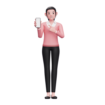girl in sweater pointing to phone screen, 3D render cute female character illustration png