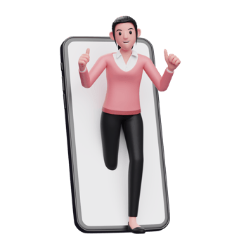 a beautiful woman appears from inside the phone screen while giving a thumbs up png
