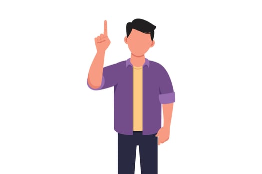 Business concept flat style isolated of young businessman pointing up finger symbol. Male manager finger index up gesture. Emotion and body language. Graphic drawing design cartoon vector illustration